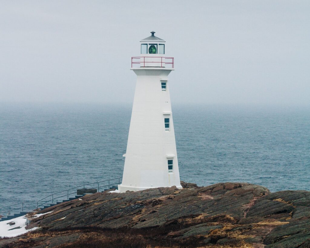 Photo of a white lighthouse at Cape Spear in Newfoundland and Labrador.