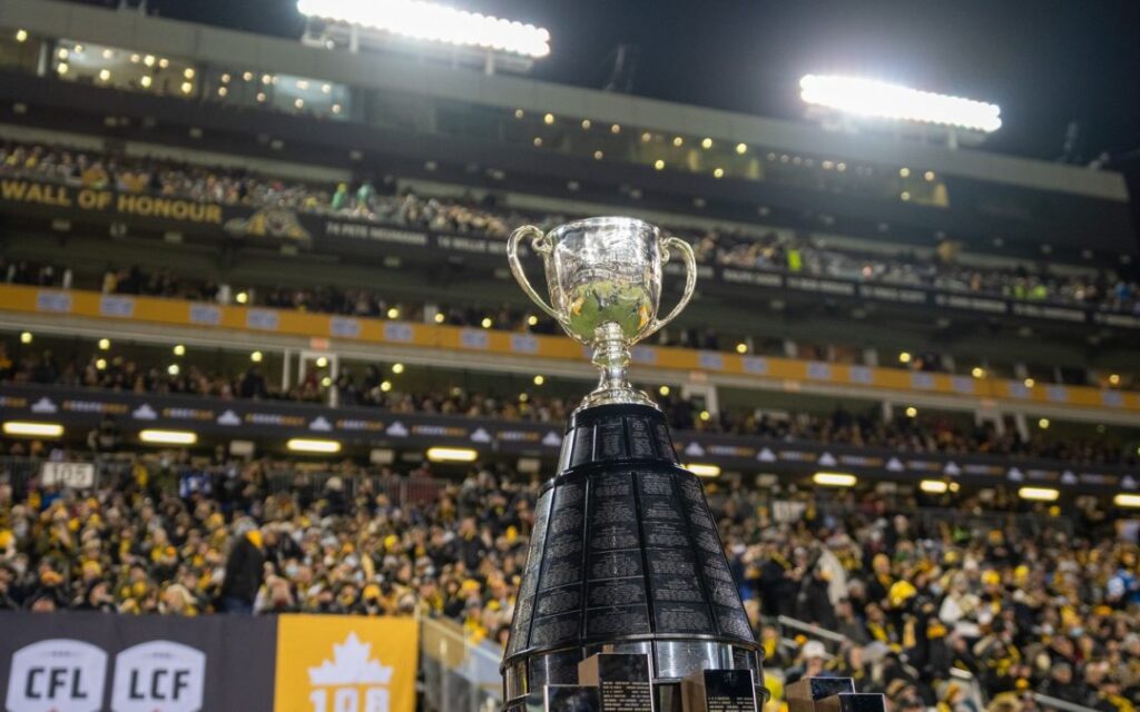 The Grey Cup on display prior to the 108 CFL Grey Cup between Winnipeg Blue Bombers and Hamilton Tiger-Cats at Tim Hortons Field in Hamilton, Ontario on December 12, 2021.