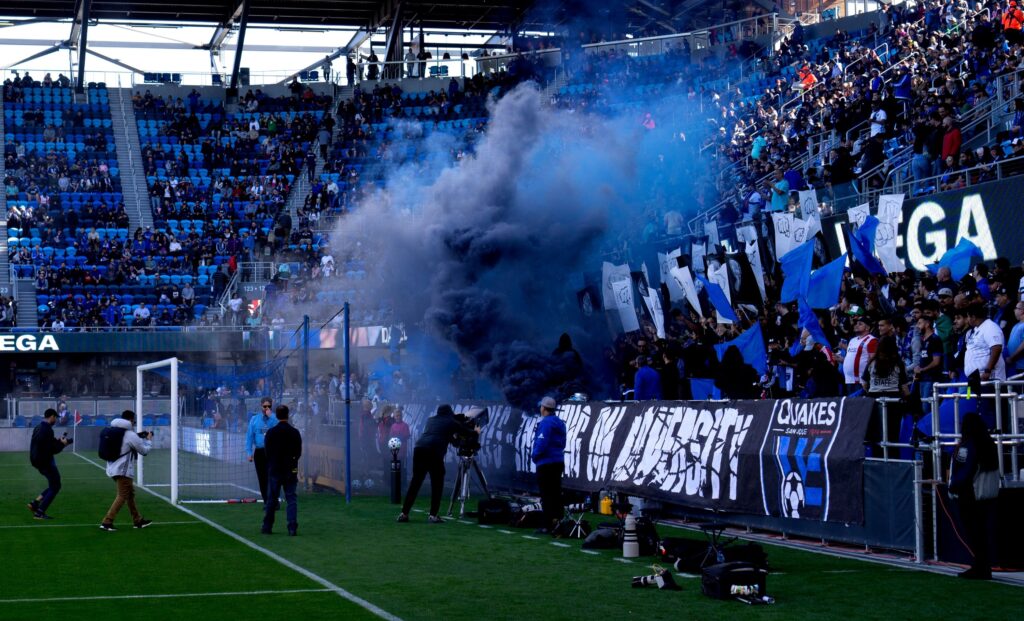 Photo of a stadium for a team in the MLS celebrating.