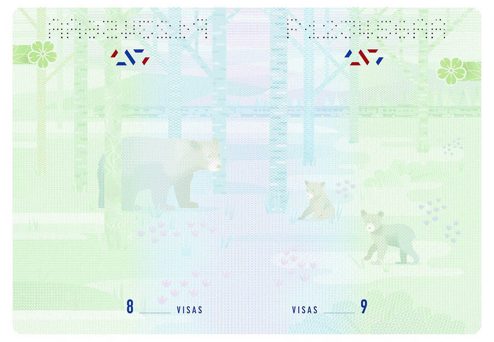 A page from the new Canadian passports with bears wondering in the spring time.